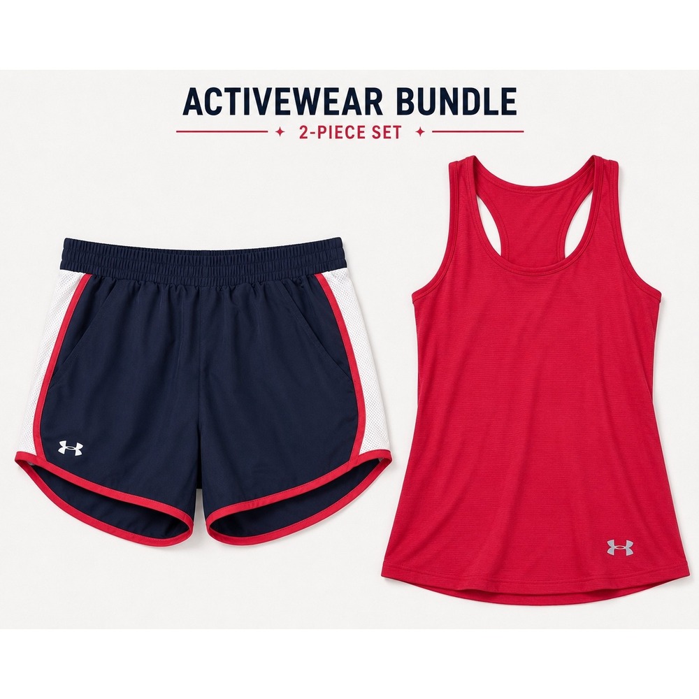 Under Armour Women 2 Piece Activewear Set Red-Orange Tank Navy Shorts Size Large